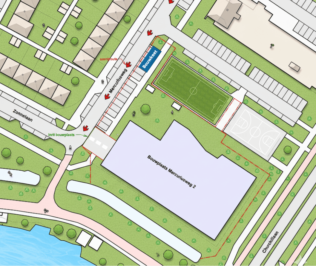 Plattegrond van de bouwplaats aan de Mercuriusweg 2 met de bouwkeet, de inrit van de bouwplaats en de looproute