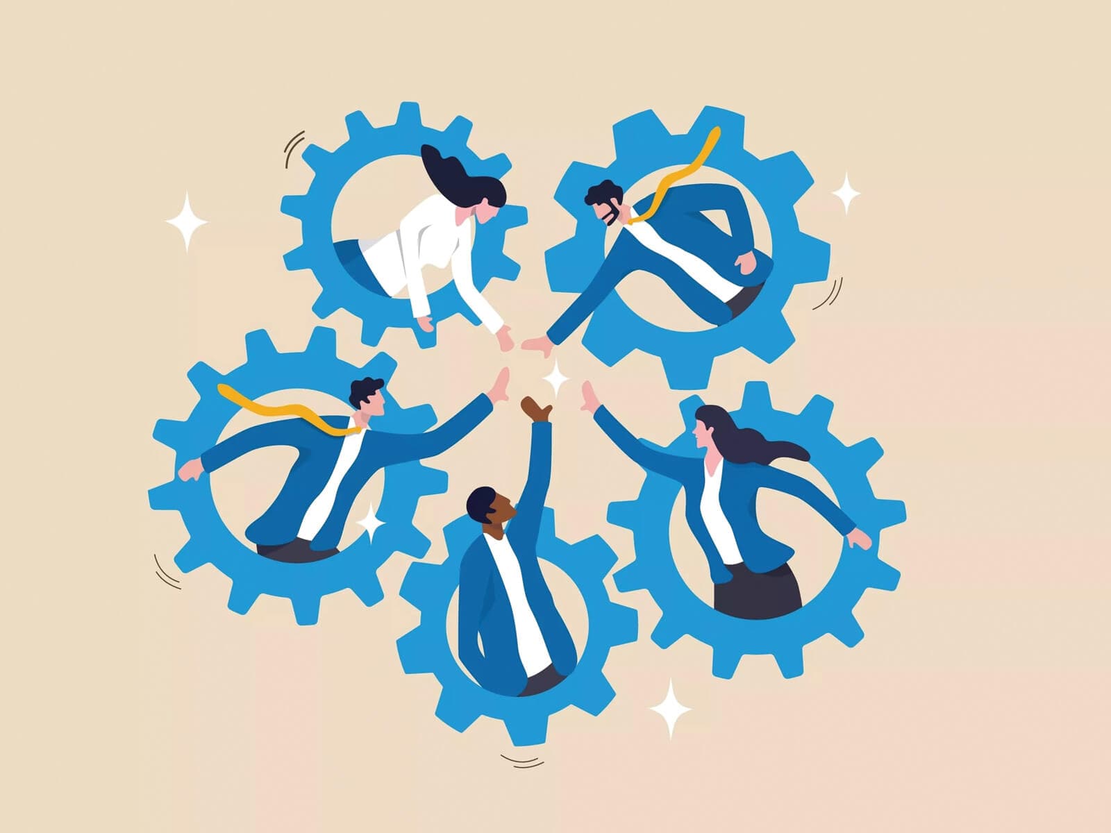 Illustratie van mensen in tandwielen die samenwerken
